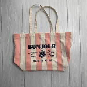 Sezane Bonjour Amour Tour From Paris Pink Striped Canvas Tote Bag
